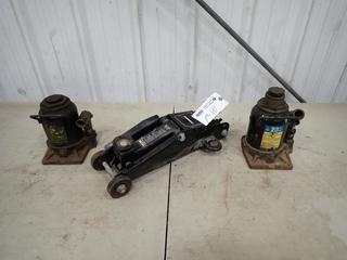 (2) Powerfist 20-Ton Bottle Jacks C/w Husky 2-Ton Trolley Jack *Note: Trolley Missing (1) Wheel*