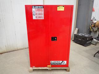 65in X 18in X 43in Justrite 2-Door Flammable Liquid Storage Cabinet C/w Oil Filters, WD-40, Grease, Paint, Oil, Gear Oil, Aluminum Cleaner And Assorted Supplies