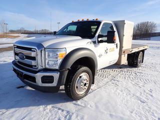 2016 Ford F-550 Super Duty 4X4 Flat Deck Truck C/w 6.7L Power Stroke B20 Turbo Diesel, A/T, Hideaway 2 5/16 Gooseneck Hitch, 11ft X 8ft Aluminum Deck, (1) 28in X 26in X 18in Aluminum Storage Box, (2) 36in X 28in X 40in Aluminum Storage Box, (2) 28in X 24in X 22in 4-Drawer Aluminum Toolboxes, 24in X 18in X 18in Checkerplate Storage Box And 225/70 R19.5 Tires. Showing 96,078kms. VIN 1FDUF5HT3GEA17847 *Note: Damage On Drivers Side Mirror Light*