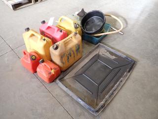 Qty Of Jerry Cans C/w Drip Tray, Funnels, Oil Jug And Barrel Pump