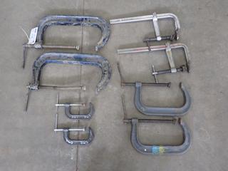 (2) 4in, (2) 8in And (2) 12in C-Clamps C/w (2) 12in X 5 1/2in Sliding Arm Clamps