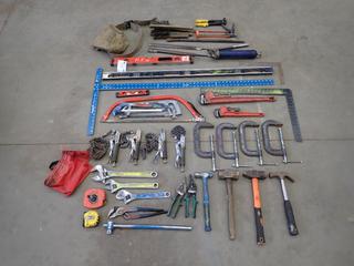 Qty Of Pipe Wrenches, Adjustable Wrenches, Levels, Hand Saws, Squares, Chain Vise Grips, C-Clamps, Measuring Tapes, Hammers, Wire Brushes And Assorted Hand Tools