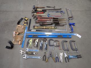 Qty Of Pipe Wrenches, Adjustable Wrenches, Levels, Hand Saws, Squares, Chain Vise Grips, C-Clamps, Measuring Tapes, Hammers And Assorted Hand Tools