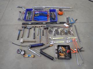 Qty Of Adjustable Wrenches, Caulking Guns, String Lines, Pliers, Hammers, Grease Guns, Squares, Gas Springs, Levels, Allen Keys, Screwdrivers And Assorted Hand Tools