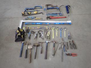 Qty Of Pipe Wrenches, Adjustable Wrenches, Levels, Hand Saws, Squares, Chain Vise Grip, Hammers, C-Clamps, Measuring Tapes And Assorted Hand Tools