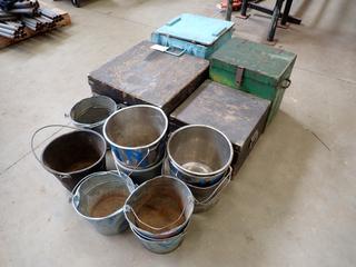 Qty Of Buckets C/w (4) Wood Crates *Note: Dents In Buckets*