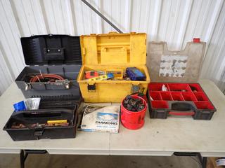 Qty Of Tool Boxes C/w Acetylene Hose, Gauge, Welding Tips, Striker, Measuring Tape, Torpedo Level, Drill Bits, Tip Cleaners, Miller MIG Parts And Assorted Supplies