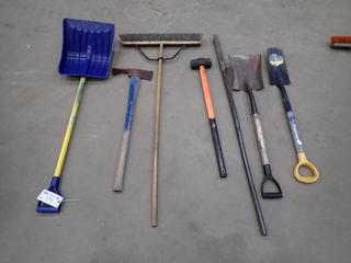 Broom, Shovels, Crowbar, Pick Axe And Sledge Hammer