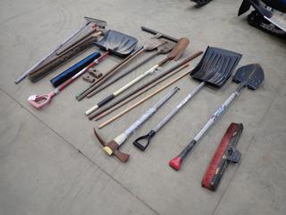 Qty Of Rakes, Shovels, Broom Heads, Handles, Pick Axe, Sledge Hammers And Crowbar