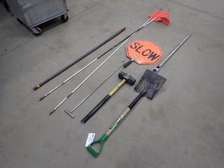 Shovel, Sledge Hammer, (2) Buggy Whips, Crowbar, Stop/Slow Sign And Snipe Bar