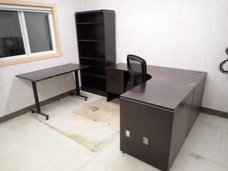 66in X 23 1/2in X 29 1/2in L-Shape Office Desk C/w 4ft X 2ft X 29 1/2in Table, 31 1/2in X 14in X 71in Bookcase And Task Chair