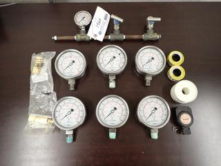 Qty Of (6) Pressure Gauges C/w (2) Fittings, Teflon Tape, Test Tree w/ Gauge And Adhesive Tape