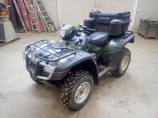 2006 Honda Rubicon TRX500FGA 4X4 ATV C/w Front Mtd Winch, Back Rest And 1 7/8 Hitch. Showing 113hrs, 647kms. VIN 1HFTE265664504699 *Note: Needs Dash Module, Crack On Foot Rest*