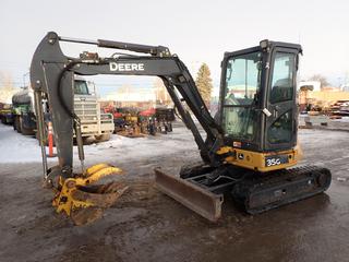 2015 John Deere 35G Excavator C/w Model 3TNV88F-EPHB Diesel Engine, 12in Tracks, 68in Blade, Aux Hyd, Brandt 18in Dig Bucket And 11in Hyd Thumb. Showing 1059hrs. SN 1FF035GXPEK272367