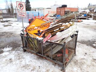 75in X 43in X 34in Storage Cage C/w Qty Of Assorted Signs And Bases