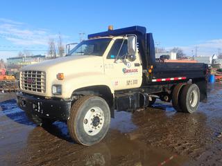 1999 GMC Top Kick C7500 4X2 S/A Dump Truck C/w CAT Model 3126 Diesel Engine, 6-Spd, Chelsey PTO, 33,00lb GVWR, Spring Suspension, Henderson 12ft Hyd Dump Box And 11R22.5 Tires. CVIP 12/2022. Showing 05185hrs, 56,679Miles. VIN 1GDM7H1C3XJ500268