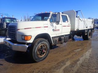 1998 Ford F-800 Crew Cab S/A Dump Truck C/w 5.9L Diesel Engine, 9-Spd Road Ranger Transmission, Chelsey PTO, 15,875kg GVWR, Spring Suspension, 14ft Hyd Dump Box, Manual Tarp, 11R22.5 Tires. Showing 3995hrs, 235,376Kms. VIN 1FDYF80C5WVA34498 *Note: No Tailgate, Side Passenger Window Broken* 