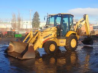 2007 Komatsu WB146PS-5 Loader Backhoe C/w Komatsu Cummins Model 54D102LE-2 Diesel Engine,4-Spd, AC/Heater, Rear Outriggers, LSS Stabilizer System, 90in Cleanup Bucket, CWS 36in Cleanup Bucket, 14-17.5NHS Front Tires And 19.5L-24IND Rear Tires. Showing 1510hrs. SN KMPWB018C35A43020