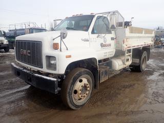 1996 GMC Kodiak Top Kick S/A Dump Truck C/w 6L V8 LPG Engine, 5-Spd, 6000kg GVWR, Dual Wheel, 12ft Box, Spring Suspension, Manual Tarp, (2) 1996 Manchester LPG Tanks, 265/75 R22.5 Front Tires And 11R22.5 Rear Tires. CVIP 04/2022. Showing 168,256kms. VIN 1GDL7H1P2TJ512422