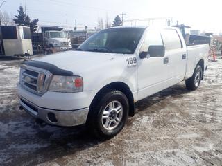 2008 Ford F150 4X4 Crew Cab Pickup C/w 5.4L Triton Engine, A/T And LT265/70 R17 Tires. Showing 499,199kms. VIN 1FTPW14V18FC30552 *Note: Check Engine And Brake Light On, Rear Corners And Box Rusted, Missing Tailgate Cover, Crack In Plastic On Mirror*