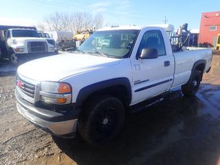 2007 GMC Sierra 2500HD Regular Cab 4X4 Pickup C/w 6.6L Duramax, Allison A/T, Trailer Brake Control, Firestone Air Bag Control, (2) Fuel Tanks, Fill-Rite 12V Pump, Fuel Meter, Hose, Nozzle And 265/70 R17 Tires. Showing 488,242kms. VIN 1GTHK24D87E125685 *Note: Saskatchewan Registered, Dent In Front Bumper, Check Engine & ABS Light On, Windshield Damaged And Rust In Passenger Box Panel*