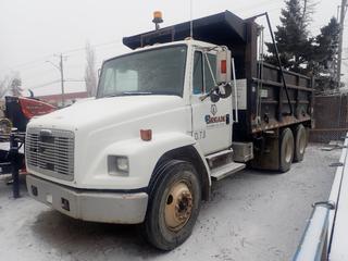 1997 Freightliner Business Class FL-80 T/A Dump Truck C/w Cummins 5.9L Engine, Alliston A/T, Muncie Powered PTO, 52,000lb GVWR, Brake Control, Air Bag Suspension, 16ft Box, Hyd Dump & Tailgate, Manual Tarp, Espar Preheat System And 11R22.5 Tires. Showing 0460hrs, 073898kms. VIN 1FVXJFBB1VH702161 *Note: Grille Broken, Passenger Headlight Requires Repairs, Drive Shaft Unattached, Runs, Has Transmission Issues*