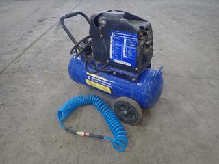 Powerfist Model 18474975 120V 90PSI 7-Gal Portable Air Compressor C/w Air Hose. SN 0006021 *Note: Plastic Cracked*