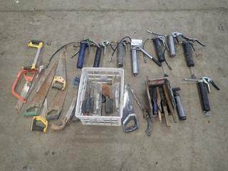 Qty Of Grease Guns, Wire Brushes, Hand Saws, Trowels And Assorted Supplies