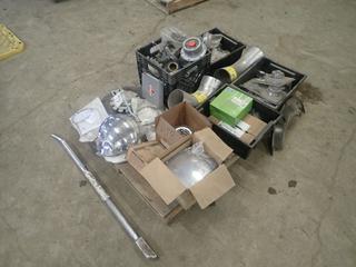 Qty Of Heavy Duty Exhaust Clamps, Dexter Axle Replacement Parts, Gaskets, Bearings, (2) Aluminum Bends, Backing Plate, Hub Caps, Bearing Seals, Speed Sensor Kit, Mirror, Snipe And Assorted Supplies