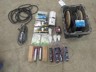 Qty Of Communication Cable, AC DC Adapters, Coaxial Cable, Light Bulbs, Light Ballast And Trouble Light