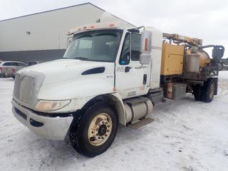 2012 International Durastar 4X2 S/A Vac Truck C/w Maxxforce 7 Advance Turbo Diesel Engine, A/T, 33,000lb GVWR, Air Brakes, McLaughlin Vermeer Model V800HD Vac System w/ Kubota V3600 3.6L Engine, (3) Side Storage Boxes, 500-Gal Water Tank w/ Heater And 11R22.5 Tires. CVIP 12/2022. Showing 6356hrs, 198,538kms. VIN 1HTJTSKP8CH547205 *Note: Hour Meter Not Working On Vac System, Windshield Has Cracks, Boom Control Handle Requires Repairs, Service Light On* 