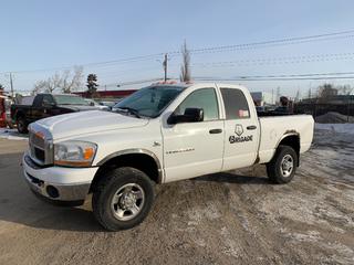 2006 Dodge Ram 2500 4X4 Crew Cab Pickup C/w Cummins Turbo Diesel Engine, A/T. Showing 379,822kms. VIN 1D7KS28C96J203927 *Note: Damage On Seat, Rust, Paint Chips, Scratches, Damage On Tailgate, Broken Cover On Light, Dents On Back Bumper*