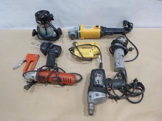 Qty of Assorted Power Tools. Includes Router, Jig Saw Drill, Angle Grinder, Soldering Gun *Note: Working Condition Unknown, Some Cord Ends Missing* (F1)