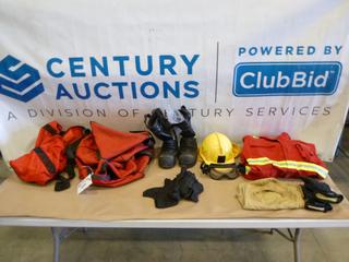 Duffle Bag of Fire PPE. Includes Boots, Hard Hat, Coveralls, Gloves and More (J-2-3)