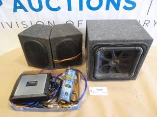 (1) Square Kick Sub, (2) 6 In. x 9 In, Speakers, (1) Pioneer Amo GM-D7400M, (1) Stinger HPM Capacitor (J-1-1)