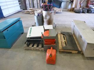 Qty of Misc. Items, Large Job Box, Aluminum Tool Box, Jerry Cans, Work Mate Stations, Metal Peg Boards, Tie Down Straps and More (OS)