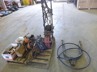 Pump, Draw Bar, Grease Guns, Rope, Pulleys. Vise, Hand Crank Drill and More (OS)