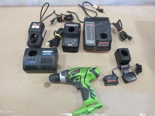 Qty of Battery Chargers, Assorted Makes Includes Craftsman, Mastercraft, Black & Decker, Kawasaki, C/w (1) Drill (J-2-1)
