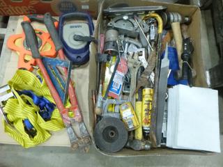 Qty of Misc. Items, Includes Tape Measures, Bolt Cutter, Crow Bar, Wrenches, Hammers, Levels, Tie Down Straps and More (J-4-1)