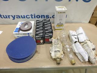 Qty of 12 In. Sand Paper Discs, 11 In. x 9 In. Sheets of Sandpaper and Assorted Light Bulbs (R-2-1)