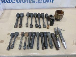 Qty of 1 In. and 3/4 In. Drive Extensions, Line Up Pins and (3) Large Sockets (F-1)