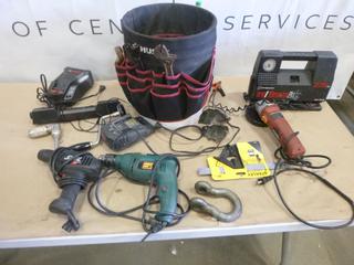 Husky Tool Bag C/w an Assortment of Tools Including Drills, Grinder, RV/Truck Air Compressor, Battery Chargers and More (J-1-3)