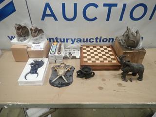 Misc. Items Including Chess Board Set, Wall Hangings, Incense Holders, Key Chains, Owl Figurines, Wine Bottle  Holders and More *Note: Smoke Damage* (R-3-2)