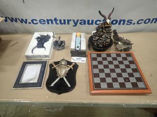 Misc. Items Including Chess Board Set, Wall Hangings, Incense Holders, Key Chains, Owl Figurines, Indoor Tabletop Eagle Waterfall and More *Note: Smoke Damage* (SC)