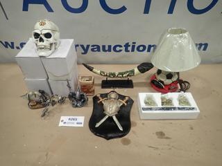 Misc. Items Including Clock, Skulls, Wall Hangings,  Soccer Bedside Lamp and More *Note: Smoke Damage* (SC)