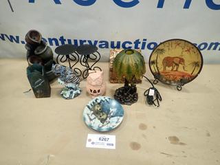Misc. Items Including Candle Holders, Plates, Indoor Tabletop Waterfall, Small Tableside Lamp and More *Note: Smoke Damage* (SC)
