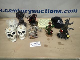 Misc. Items Including  Ball Caps, Skulls, Skeleton Figurines, Clock, Chess Board Set and More *Note: Smoke Damage* (F-2)