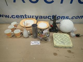 Misc. Items Including Candles, Candle Holders, Chess Board Set, Dinner Plates, Dessert Plates, Mugs, Reed Diffuser and More *Note: Smoke Damage* (S-3-1)