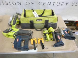 Bag of Assorted Ryobi Tools Includes (2) Flashlights, Staple Gun, Reciprocating Saw, Jig Saw, Circular Saw, Scroll Saw and (2) Tool Holders Clips *Note No Batteries or Charger* (F-1)