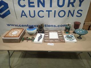 Misc. Items Including Tree Water Fountain, Bison Vase, Wolf Plaque, Candle Holders and More *Note: Smoke Damage* (SC)